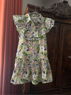 Entro ~ Women’s Floral Ruffle Mini Dress in Green, Pink & Purple